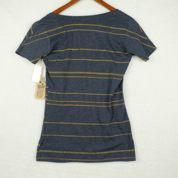 Mtn Dew Womens Shirt Top Small Gray Yellow Stripes V Neck Recycled Stretch - Picture 5 of 11